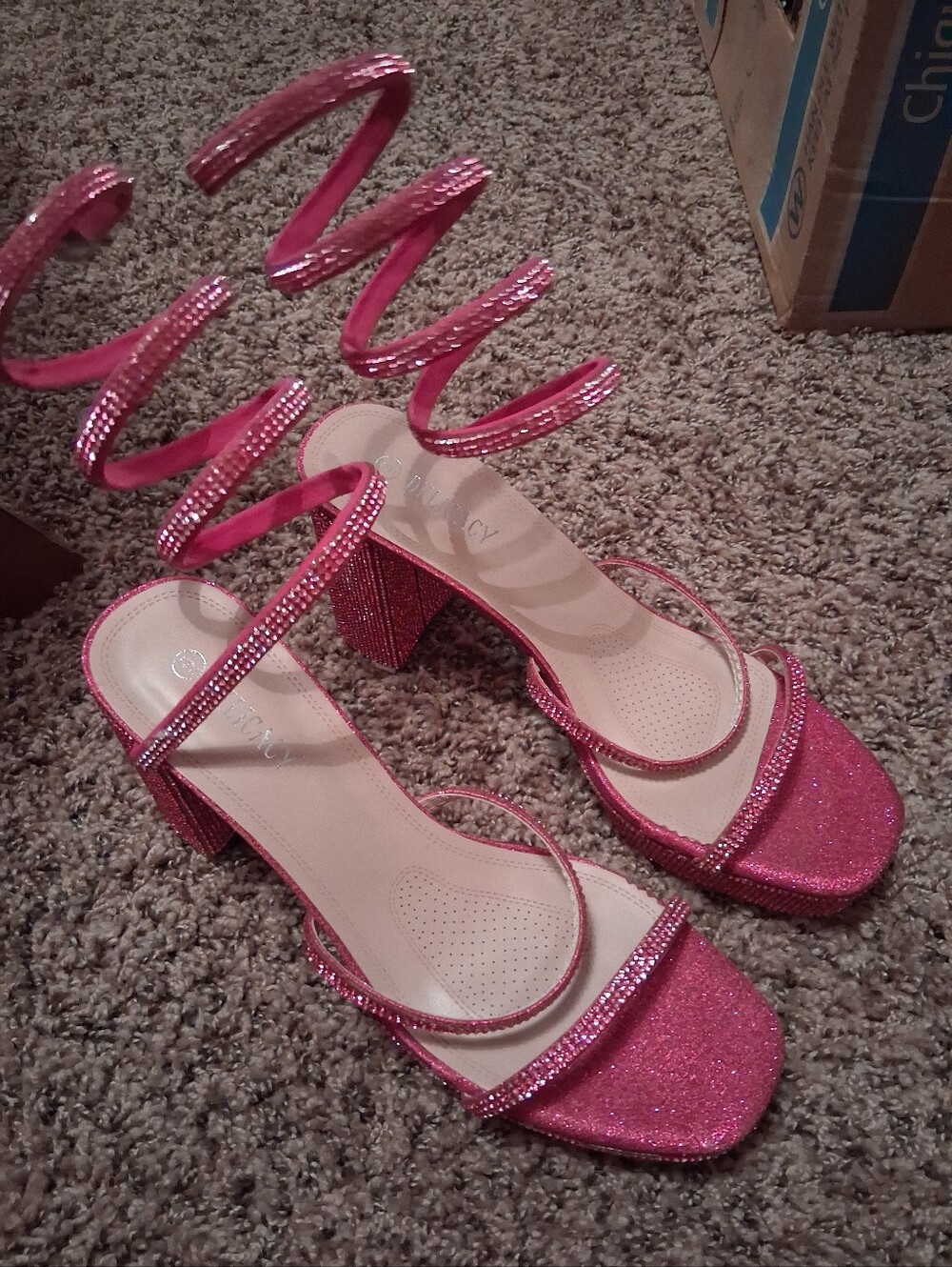 Delicacy Hot Pink Glitter Spiral Strap Block Heels